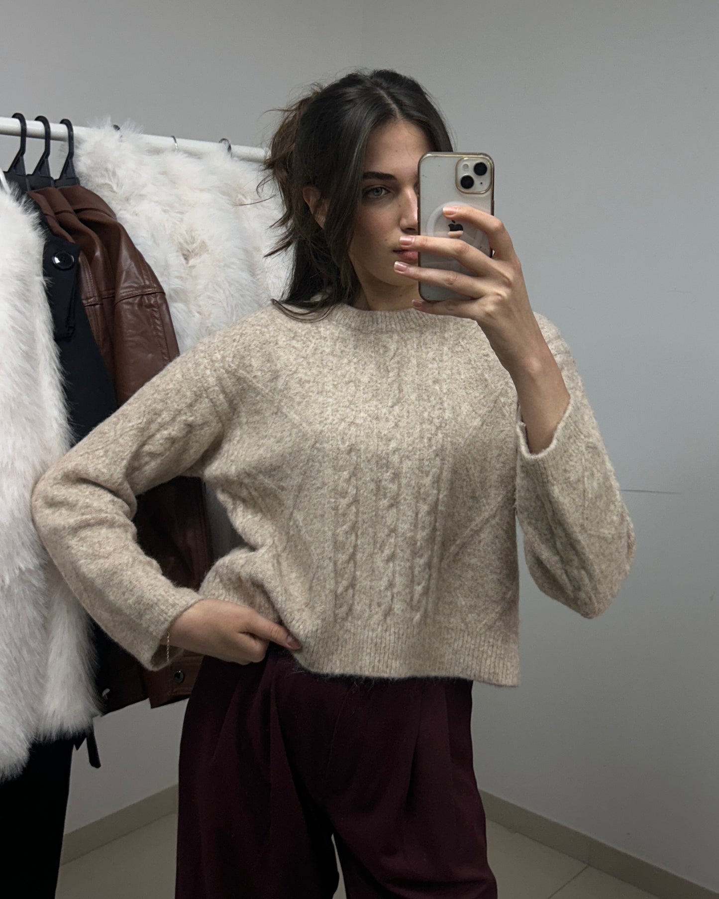 Soft Beige Knit Braided Sweater | سويتر محاك مضفر باللون البيج الناعم