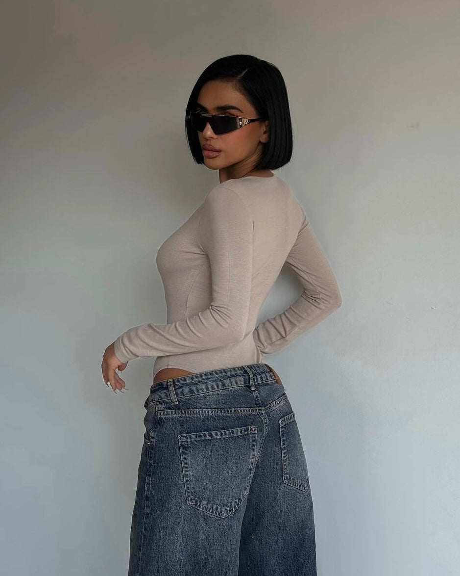 Nude Long Sleeve Bodysuit | بودي سوت نود بأكمام طويلة
