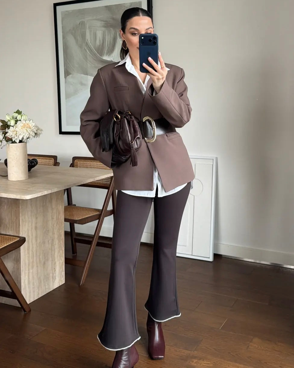 Elegant Mocha Belted Blazer | بليزر موكا أنيق بحزام خصر عريض