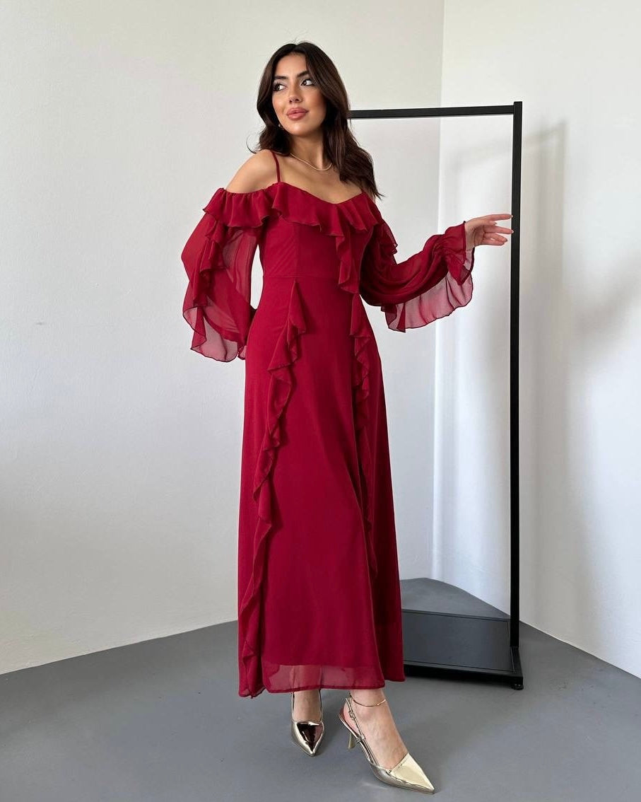 Long Red Dress with an Off-Shoulder Design | فستان أحمر طويل