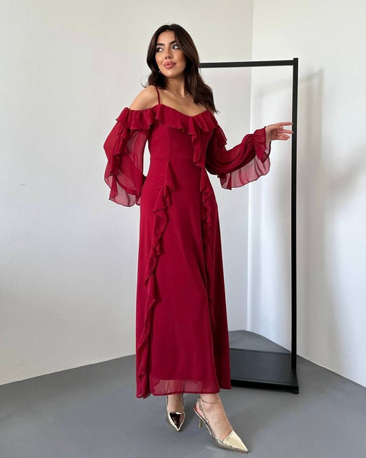 Long Red Dress with an Off-Shoulder Design | فستان أحمر طويل