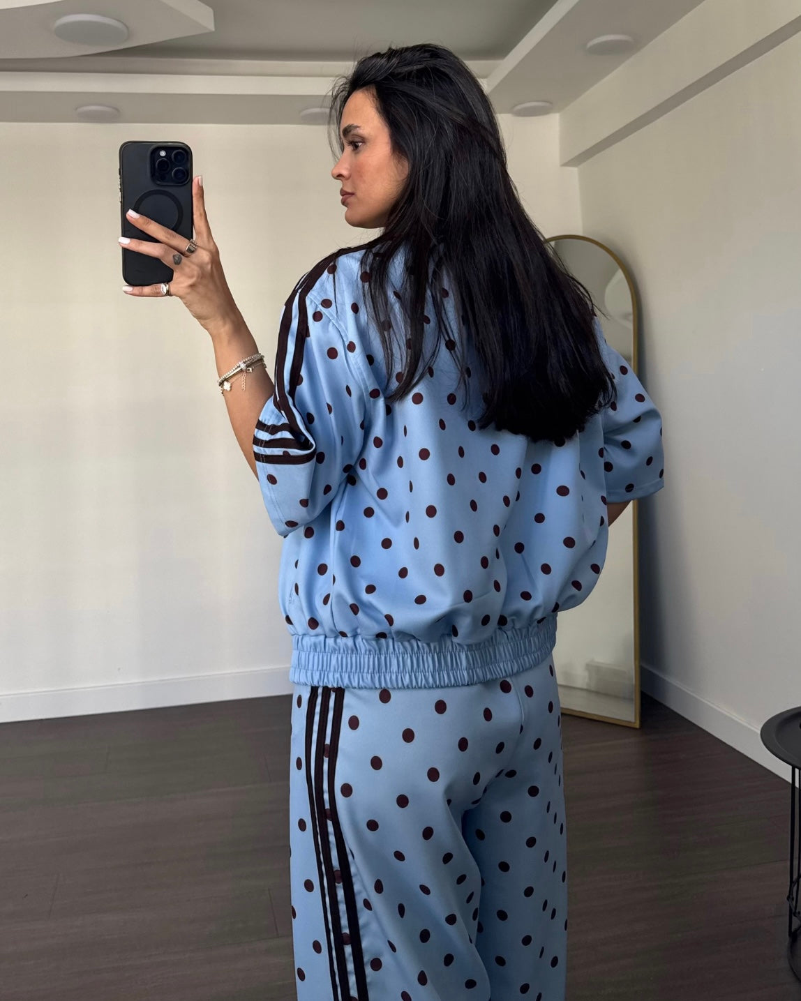 Blue Polka Dot Two-Piece Set with Wide-Leg Pants | طقم بولكا دوت مع بنطلون واسع