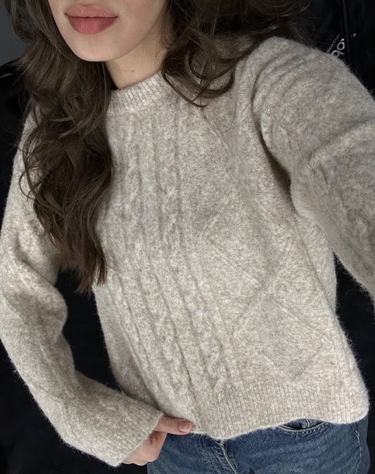 Soft Beige Knit Braided Sweater | سويتر محاك مضفر باللون البيج الناعم