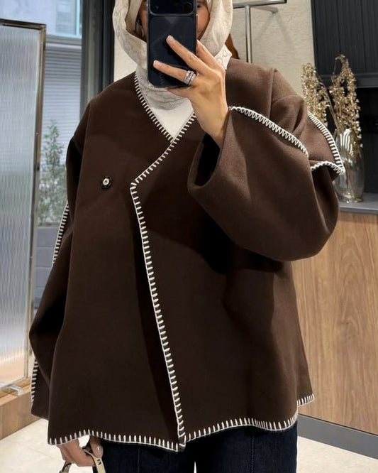 Cocoa Whipstitch-Trimmed Jacket | جاكيت بلون الكاكاو مع حواف مزخرفة بغرزة الويب ستيتش