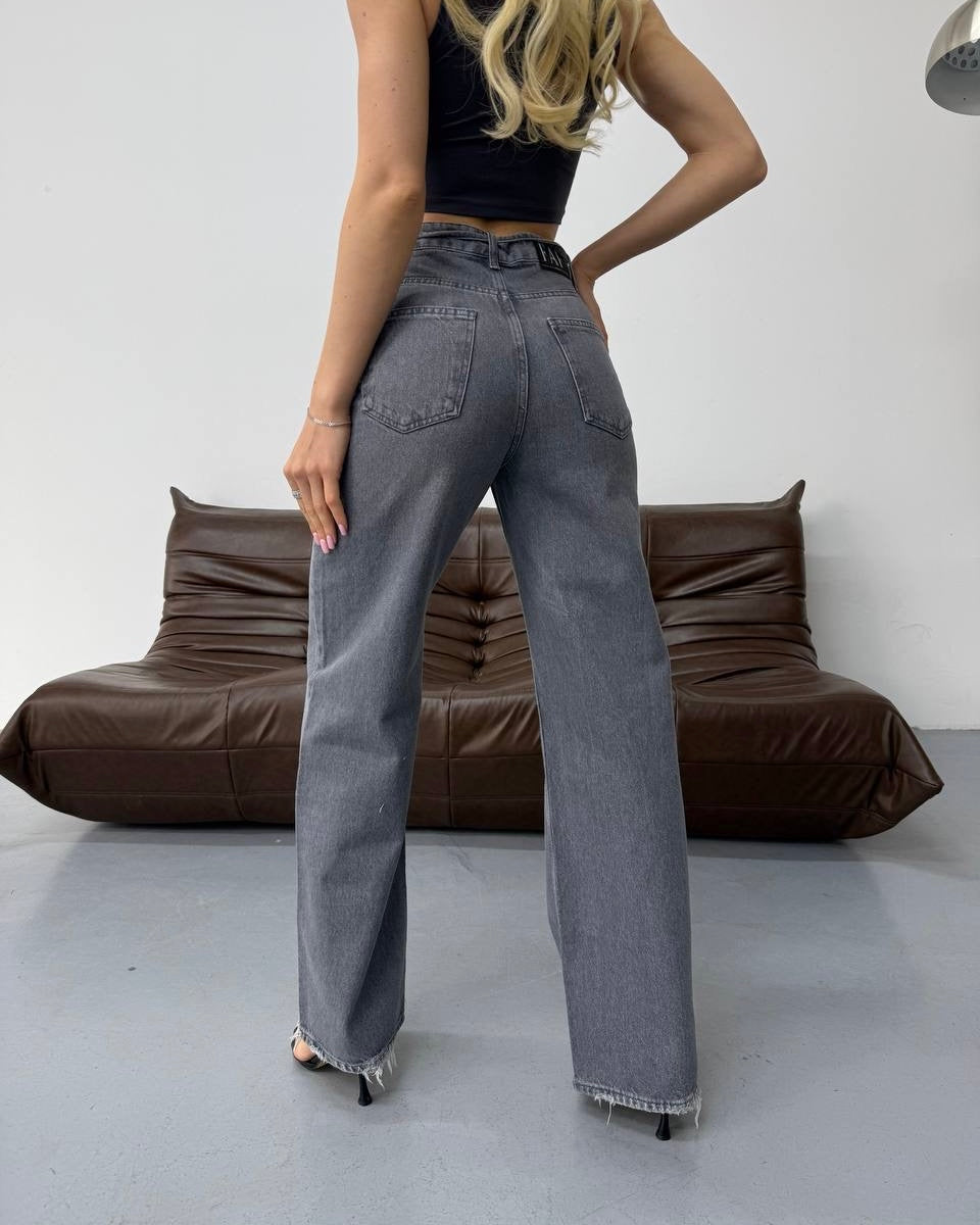 Women’s Washed Gray High-Waist Drawstring Wide-Leg Denim Jeans | بنطلون جينز نسائي واسع بخصر عالي وربطة خصر - رمادي