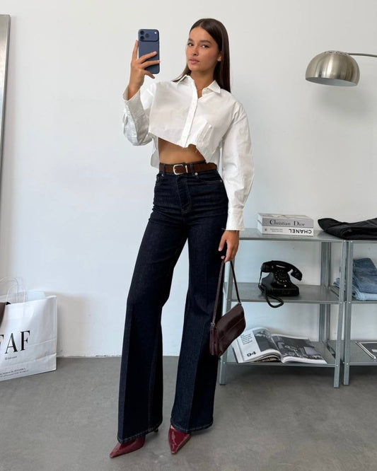 High-Waisted Wide-Leg Denim Jeans with Brown Suede Belt | جينز بخصر عالي  بني وقصة واسعة مع حزام سويد
