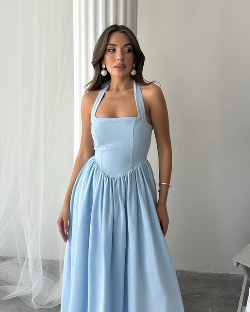 Blue Halter Midi Dress | فستان ميدي أزرق برباط حول الرقبة
