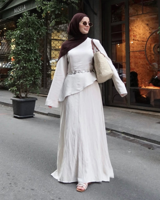 Beige Asymmetric Linen Set | طقم كتان بلون بيج بقصة غير متماثلة