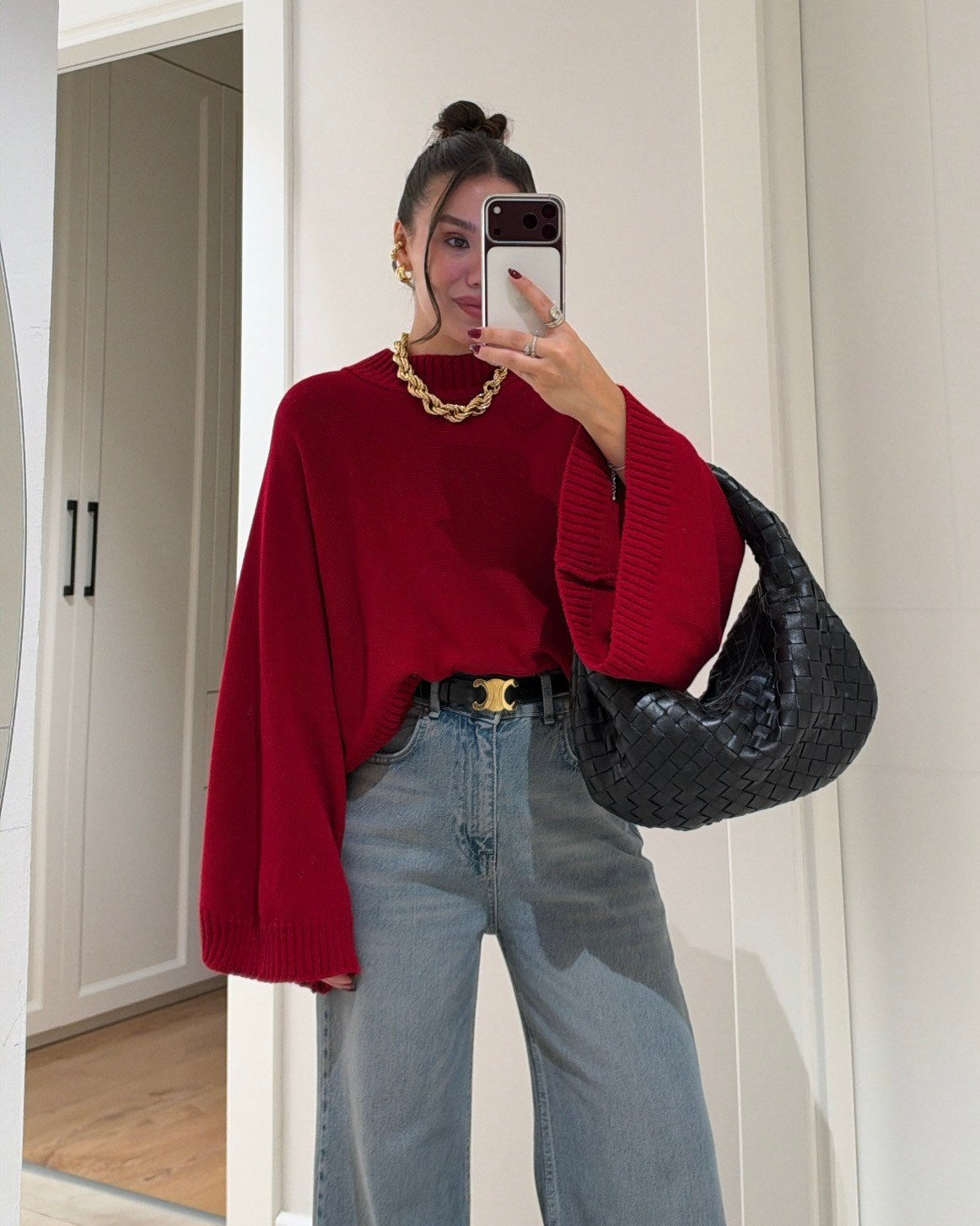 Red Oversized Knit Mock Neck Sweater with Wide Sleeves | بلوزة بقصّة أوفرسايز وأكمام واسعة