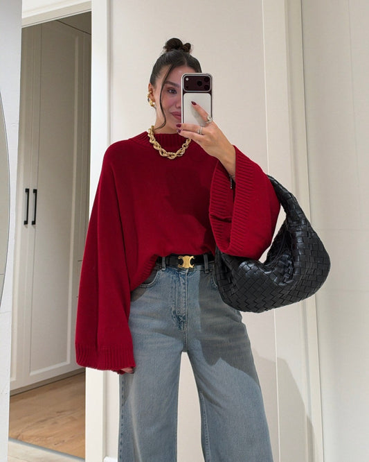 Red Oversized Knit Mock Neck Sweater with Wide Sleeves | بلوزة بقصّة أوفرسايز وأكمام واسعة