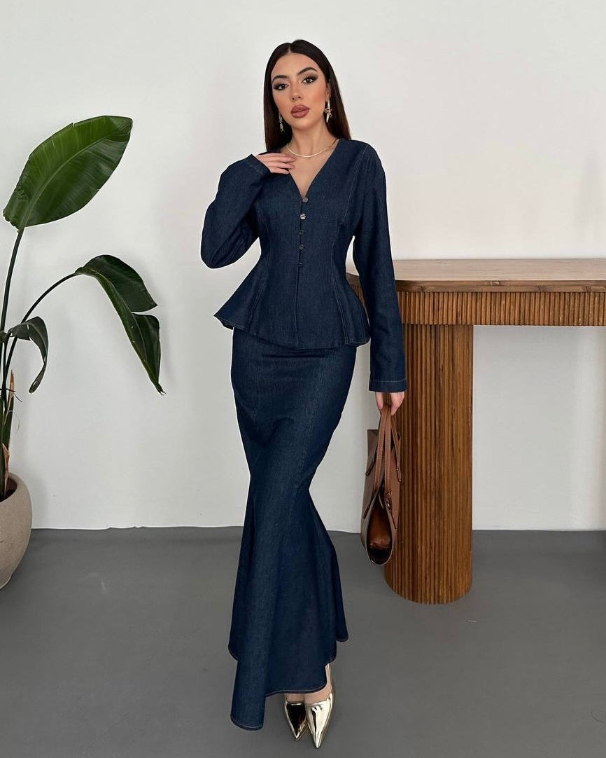 Tailored Top with Front Buttons and a Long Skirt | طقم بلوزة مفصلة وتنورة طويلة