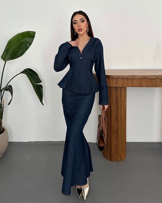 Tailored Top with Front Buttons and a Long Skirt | طقم بلوزة مفصلة وتنورة طويلة