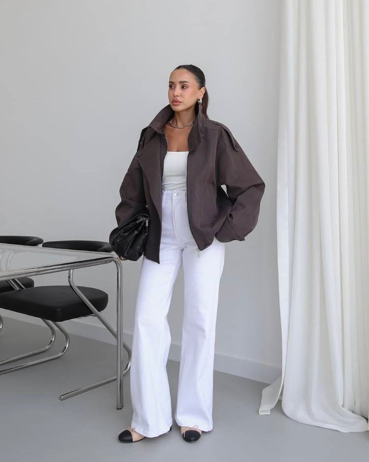 Brown Oversized Jacket with High Collar | جاكيت بني واسع بياقة عالية