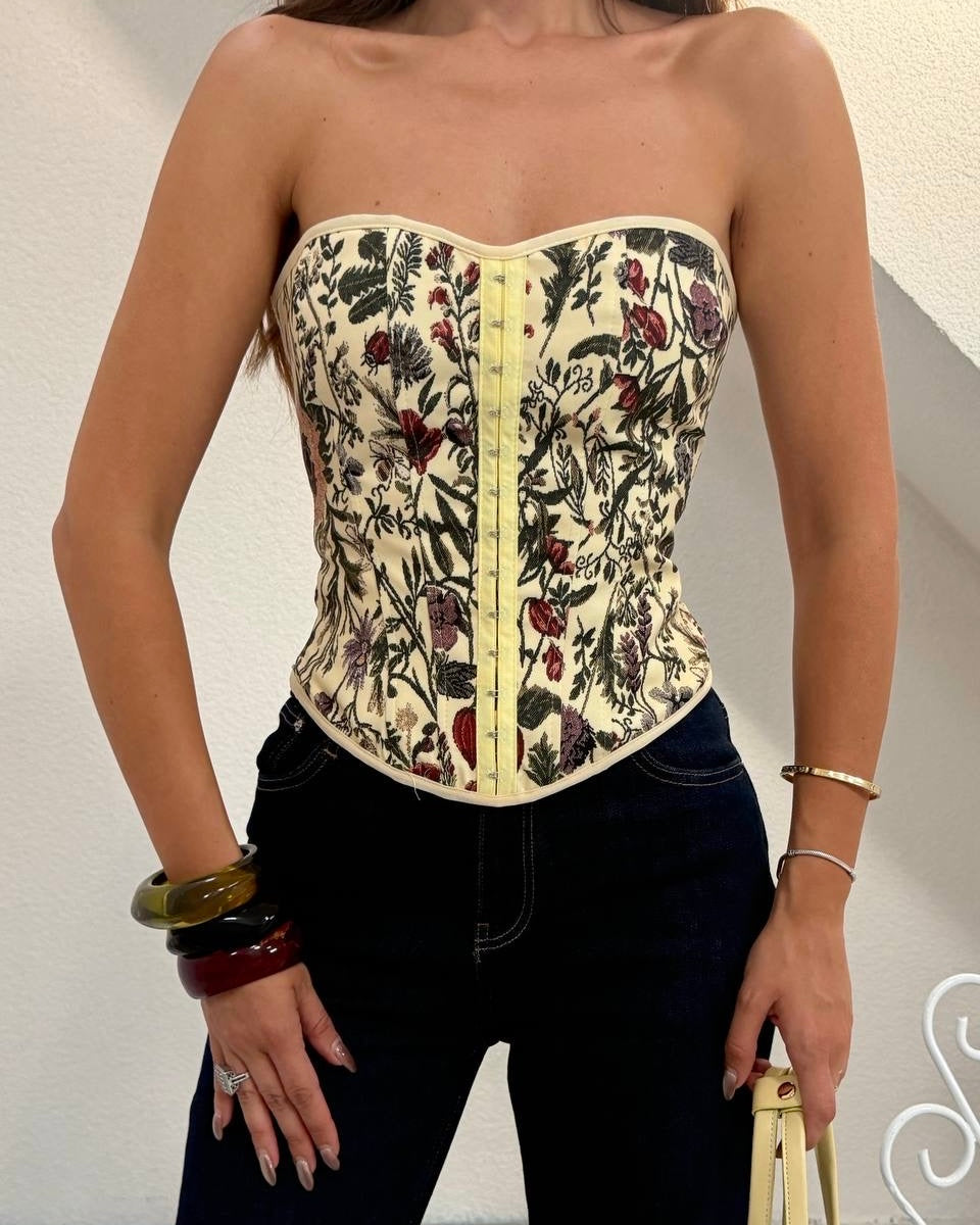 White Floral Print Strapless Corset Top | توب كورسيه أنيق بنقشة ورود