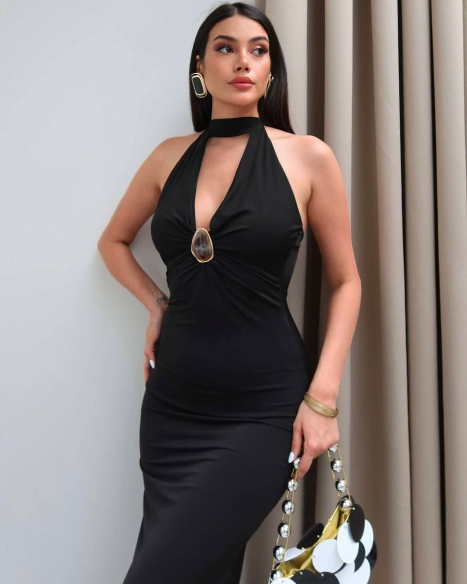 Halter Neck Bodycon Maxi Dress with Gold Detail | فستان ماكسي بقصة ضيقة وياقة هالتر وتفاصيل ذهبية
