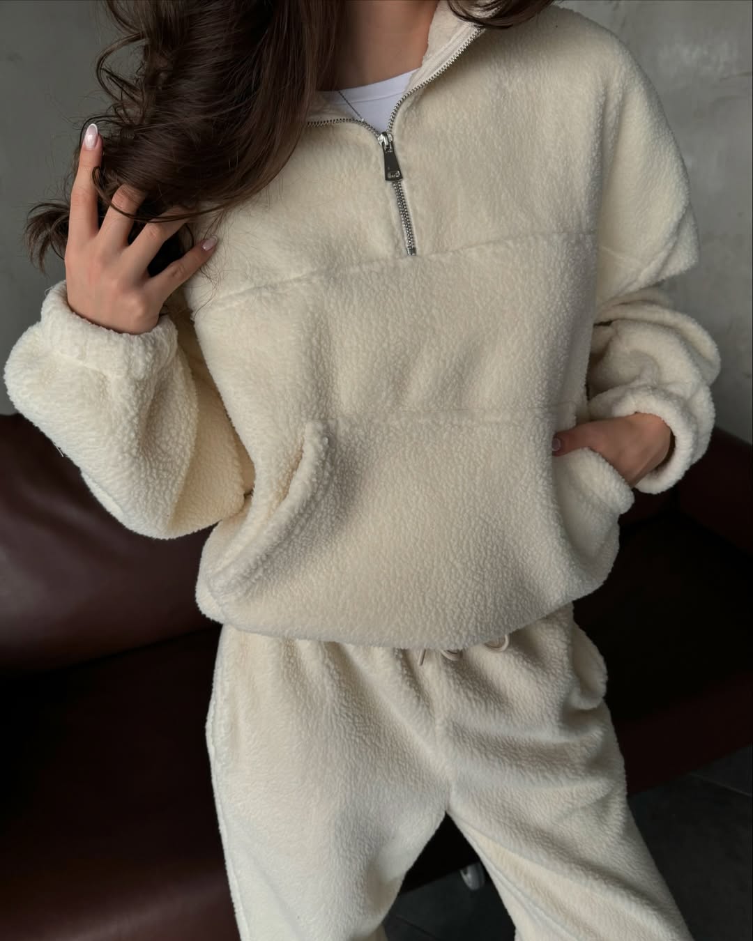 Cream Fleece Pullover and Pants Set