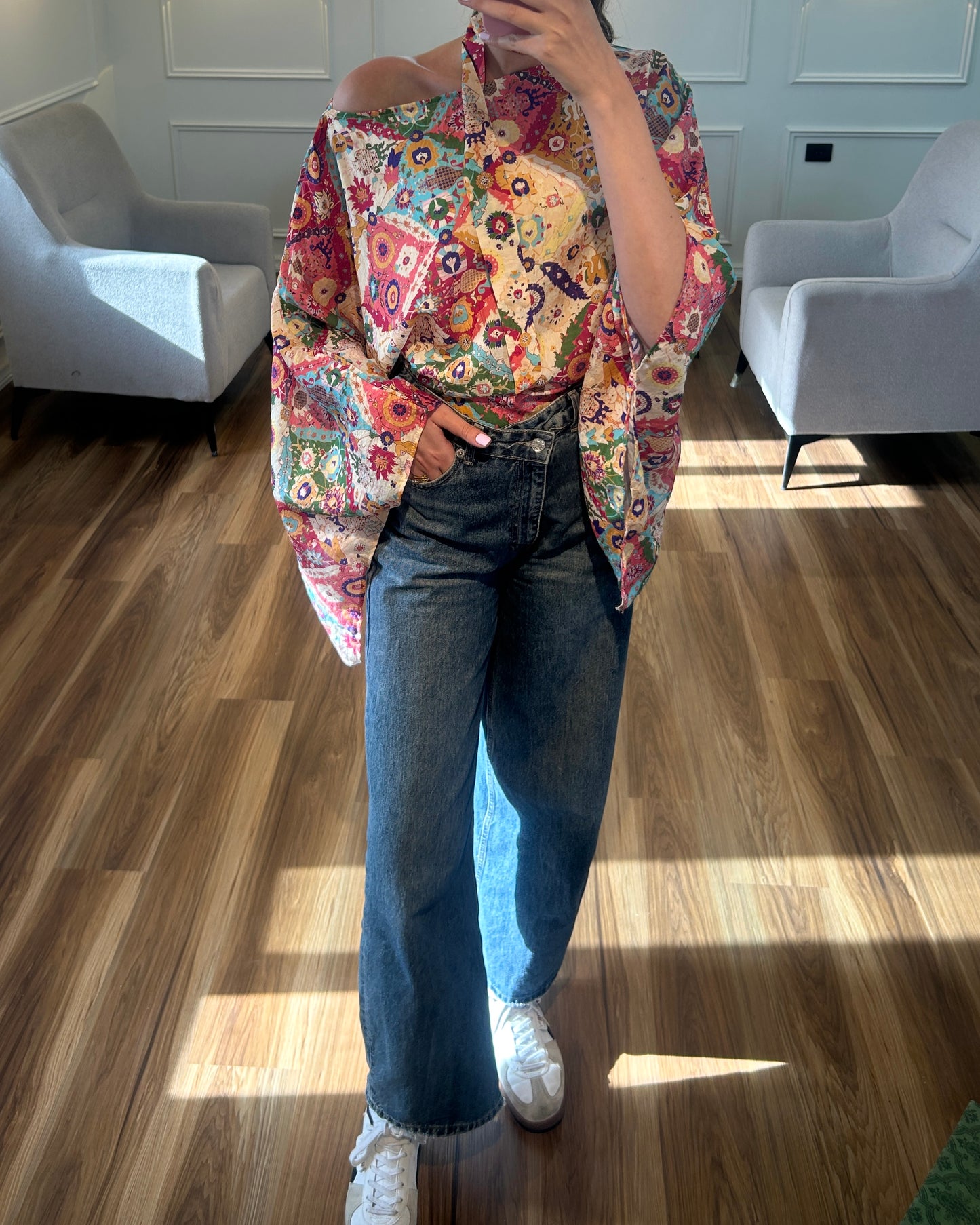 Colorful Floral One-Shoulder Blouse with Neck Scarf | بلوزة ملونة بنقشة زهور مع شال
