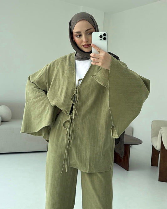 Pistachio Tie Front Casual Set | ‎طقم فستقي كاجوال برباط أمامي