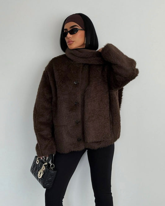 Brown Relaxed Fit Textured Jacket with Matching Scarf | جاكيت بني بقصّة مريحة مع شال مطابق