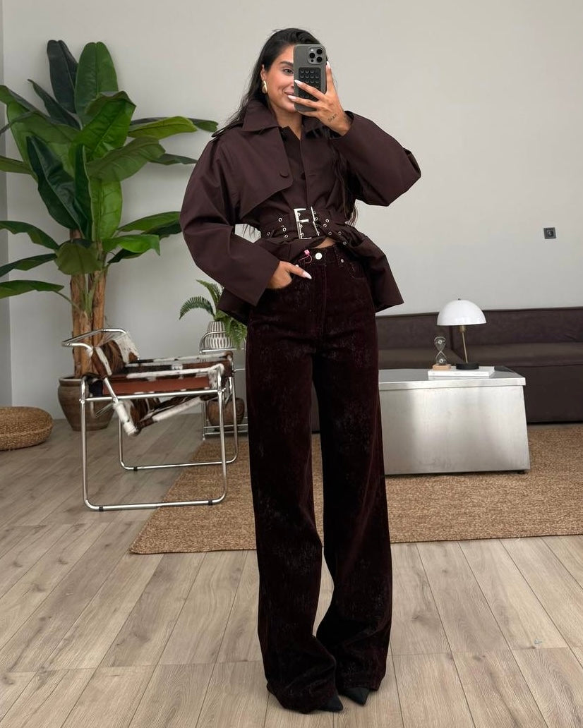 High-Waisted Dark Brown Velvet Straight Leg Pants | بنطلون مخمل بني بخصر عالي وقصة مستقيمة