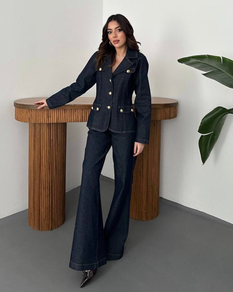 Premium Dark Denim Two-Piece Set | طقم جينز فخم بأزرار ذهبية