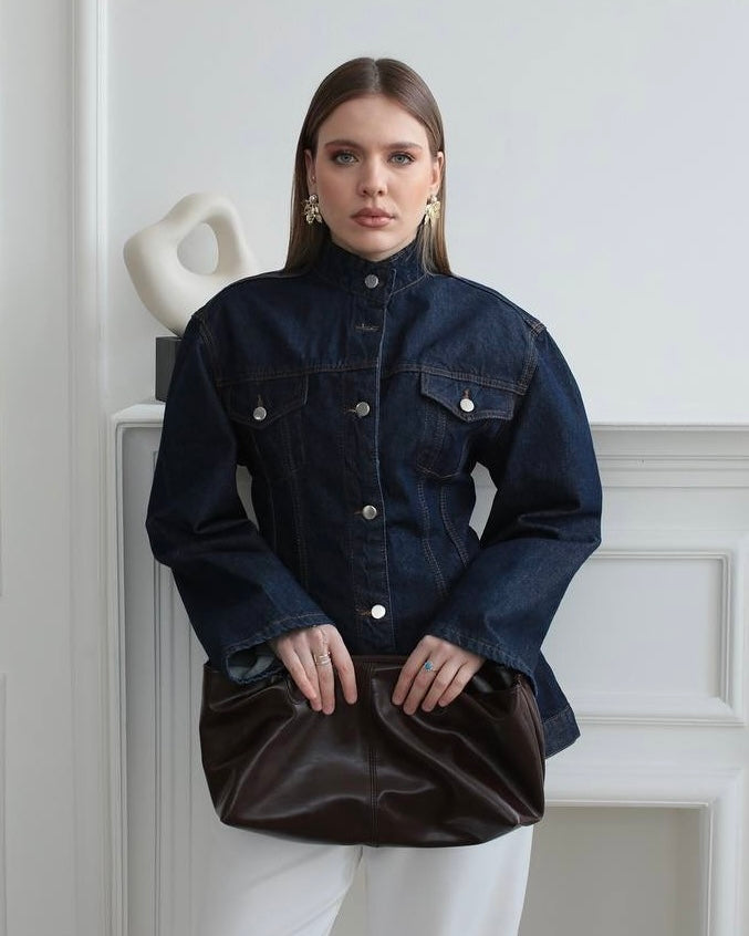 Dark Indigo Structured Denim Jacket | جاكيت جينز داكن بياقة عالية وأكمام واسعة