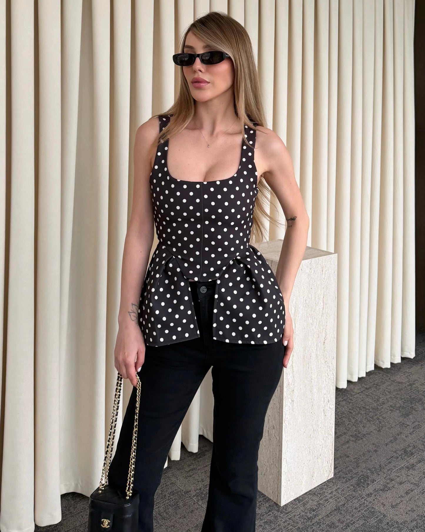 BlackPeplumTank Top||توب بيبلوم منقط اسود