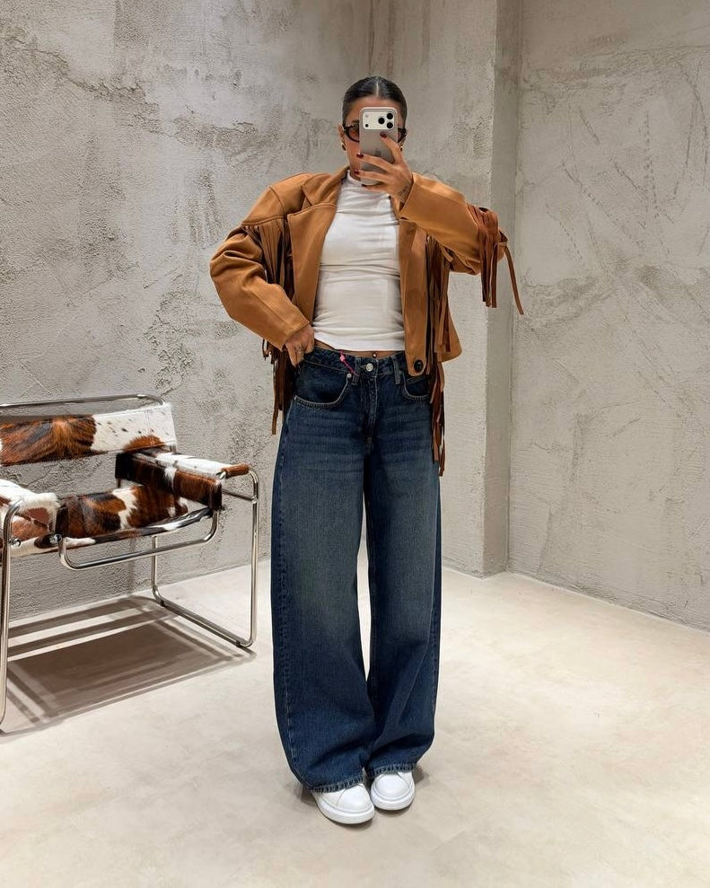 Dark Blue Washed Baggy Wide-Leg Jeans | جينز أزرق غامق كاحت بقصة باغي واسعة