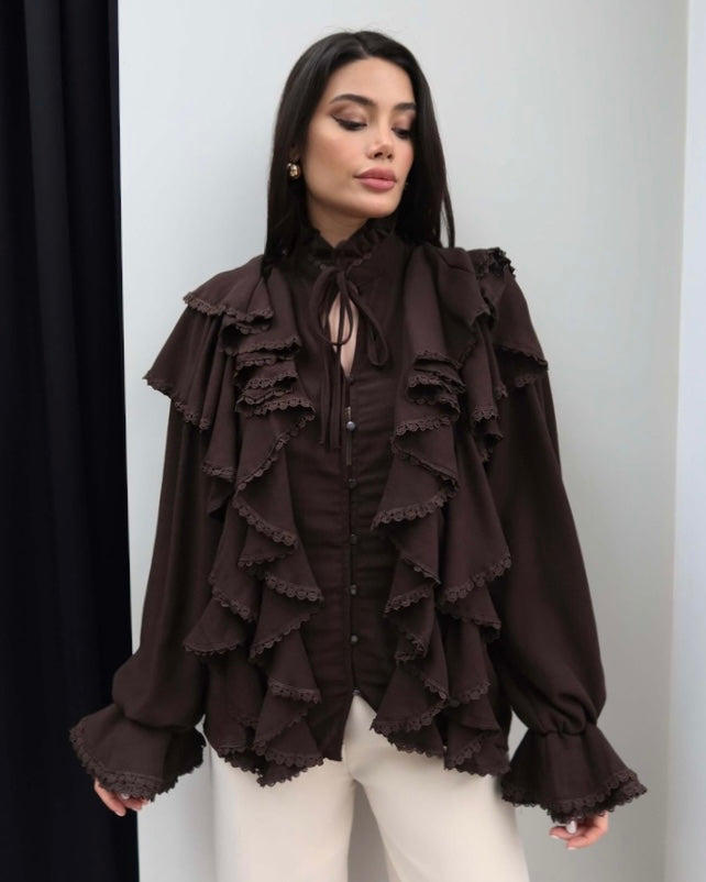 Brown Romantic Ruffle Blouse | بلوزة ناعمة بستايل بوهيمي باللون البني