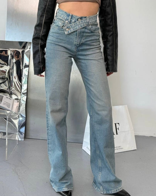 Asymmetric Waist High Rise Denim Jeans | جينز بخصر عالي وتصميم خصر غير متماثل