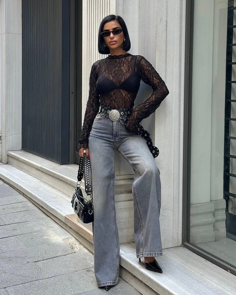 Stone Grey Wash Wide-Leg High-Rise Jeans | جينز واسع بخصر مرتفع