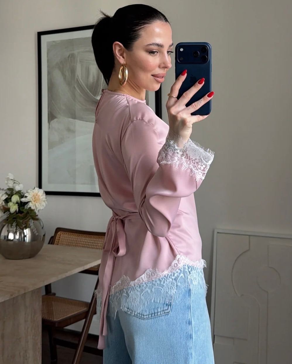 Bink Satin Lace Trim Top|بلوزة ساتان وردي بأطراف دانتي