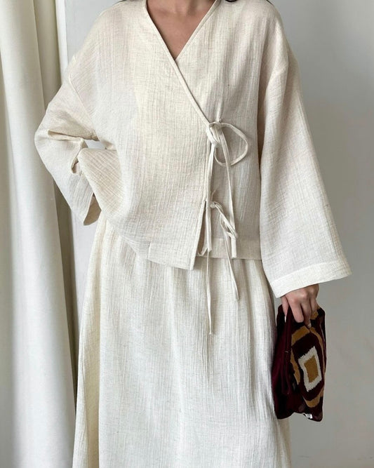 Cream Linen Front-Tie Co-Ord Set | طقم كتان كريمي بربطات أمامية