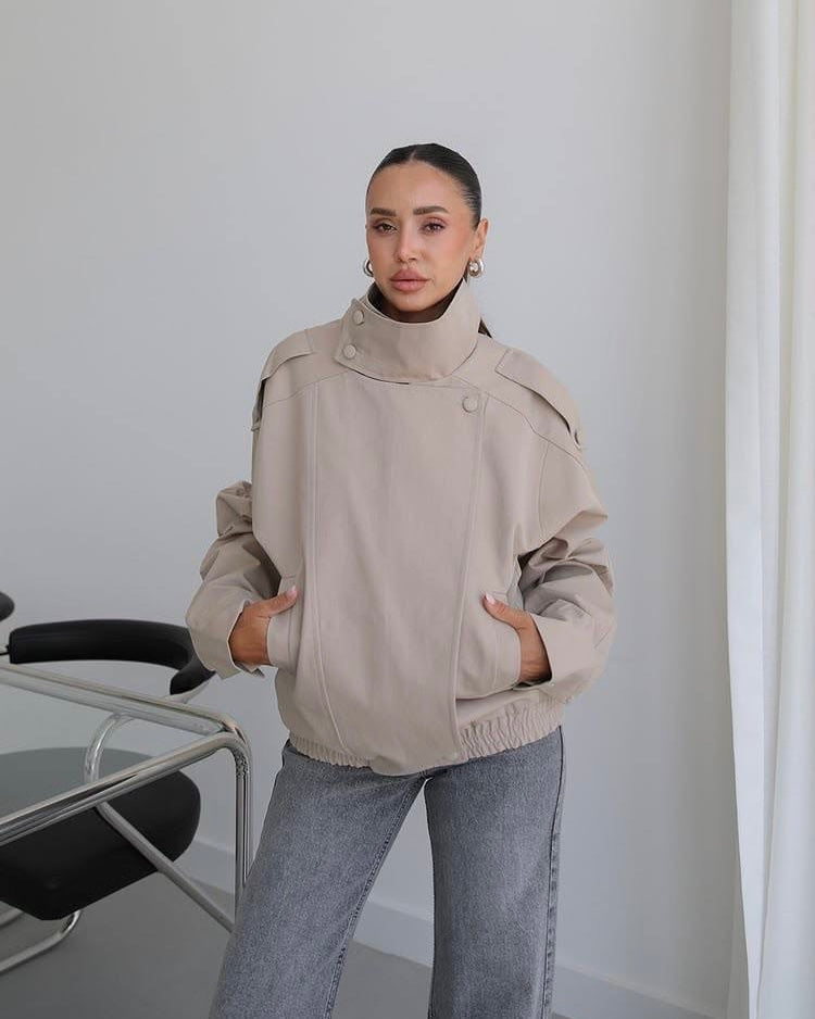 Beige Oversized Jacket with High Collar | جاكيت بيج واسع بياقة عالية