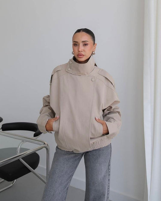 Beige Oversized Jacket with High Collar | جاكيت بيج واسع بياقة عالية