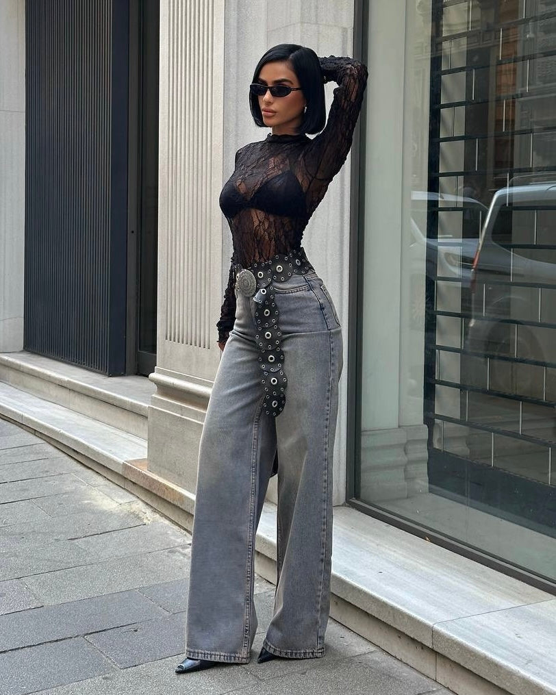 Stone Grey Wash Wide-Leg High-Rise Jeans | جينز واسع بخصر مرتفع