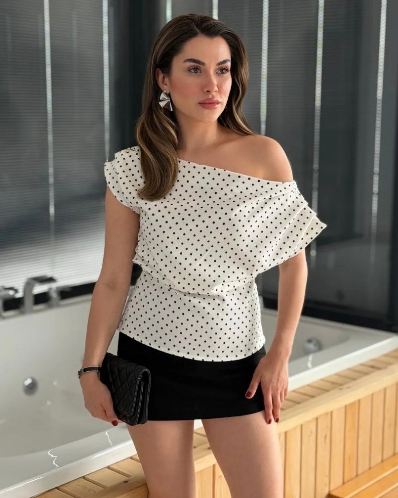 White Polka Dot Off-Shoulder Top | توب منقط بقصة أوف شولدر