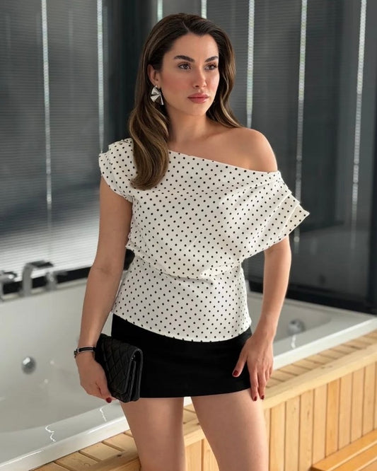 White Polka Dot Off-Shoulder Top | توب منقط بقصة أوف شولدر