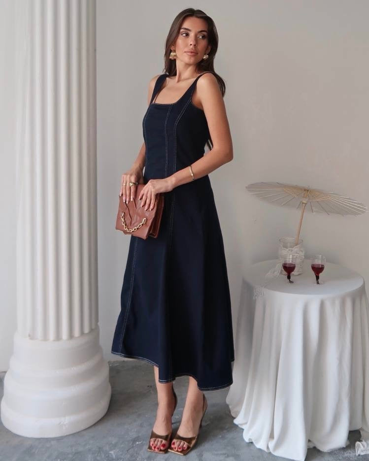 Dark Wash Denim Midi Dress with Square Neck and A-Line Silhouette | فستان جينز غامق ميدي وخصر محدد