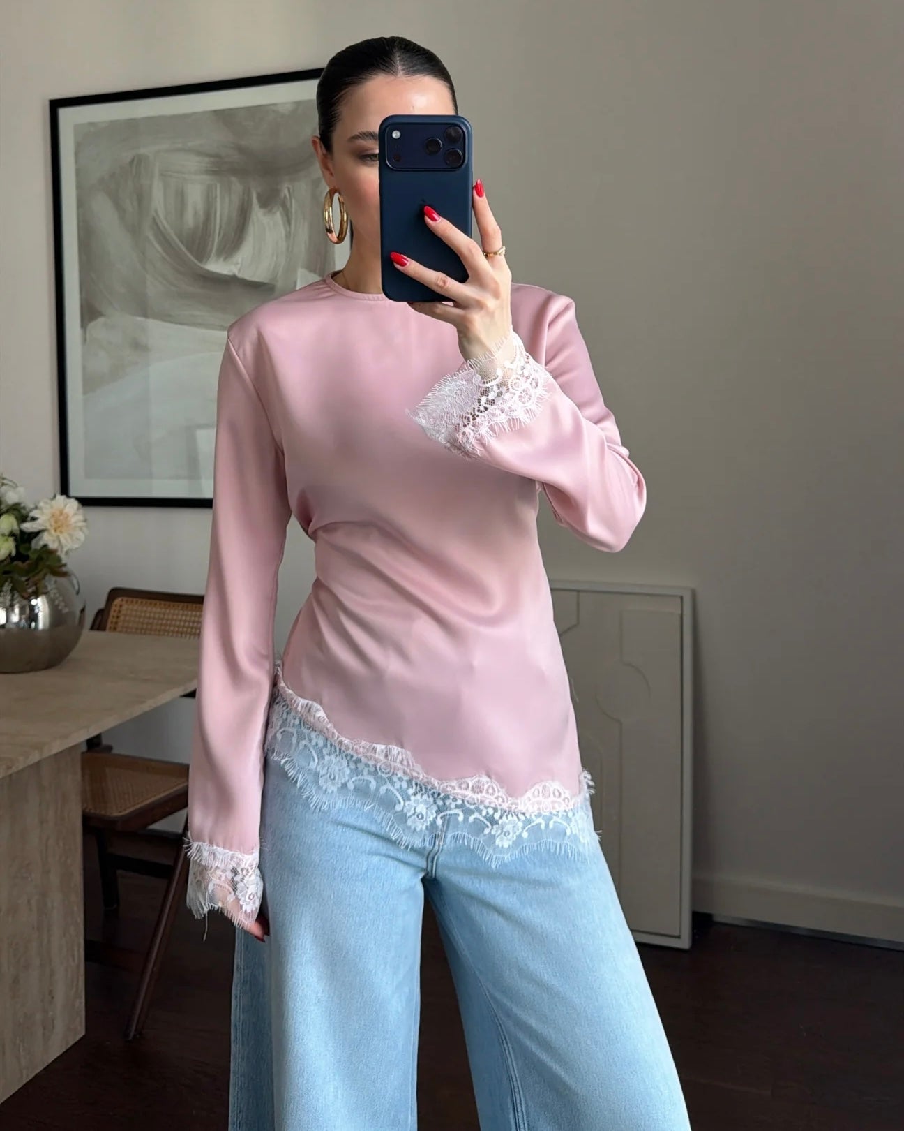 Bink Satin Lace Trim Top|بلوزة ساتان وردي بأطراف دانتي