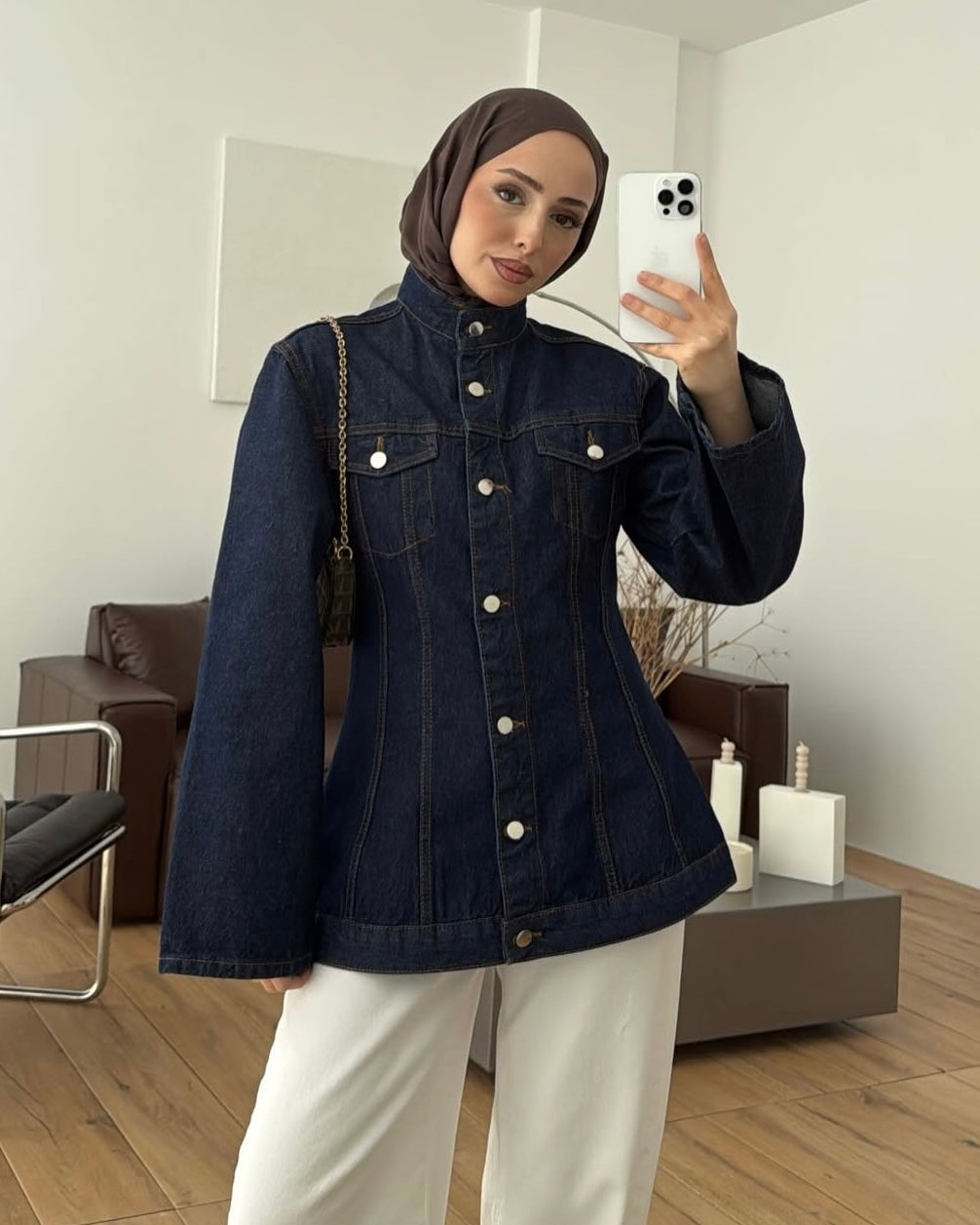 Dark Indigo Structured Denim Jacket | جاكيت جينز داكن بياقة عالية وأكمام واسعة