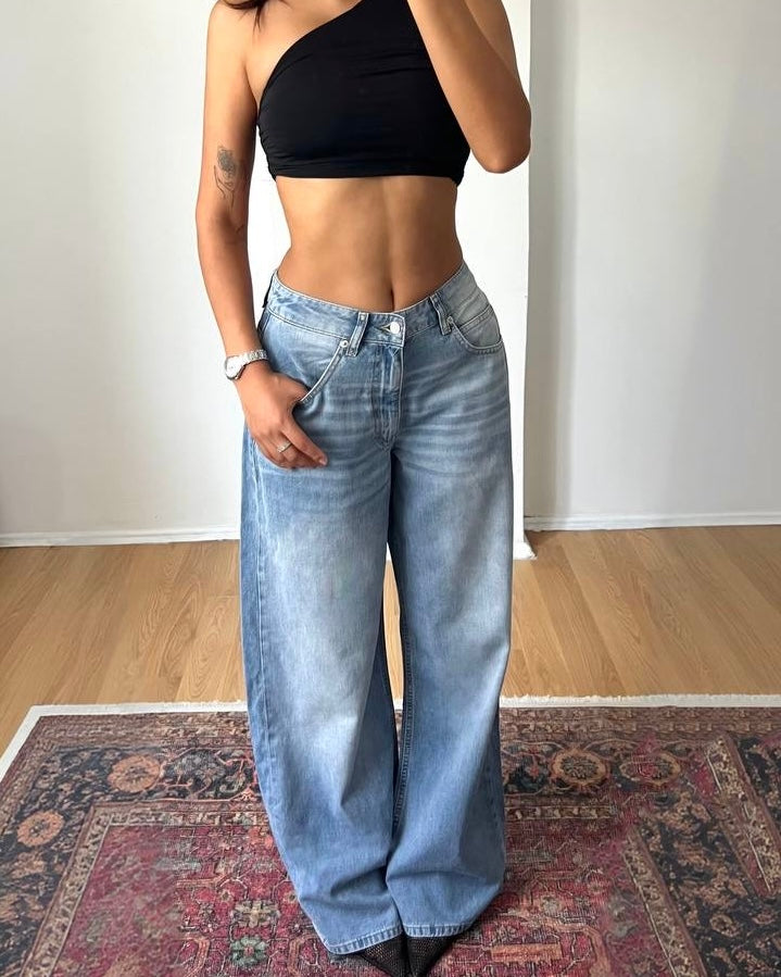 Light Wash Wide-Leg Denim Jeans | جينز أزرق فاتح بقصة واسعة