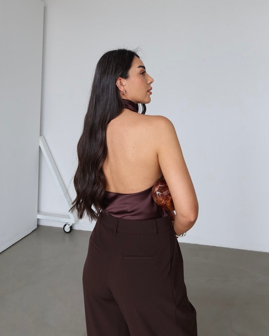 Elegant Brown Satin Halter Neck Top | توب ساتان بني أنيق بياقة هالتر