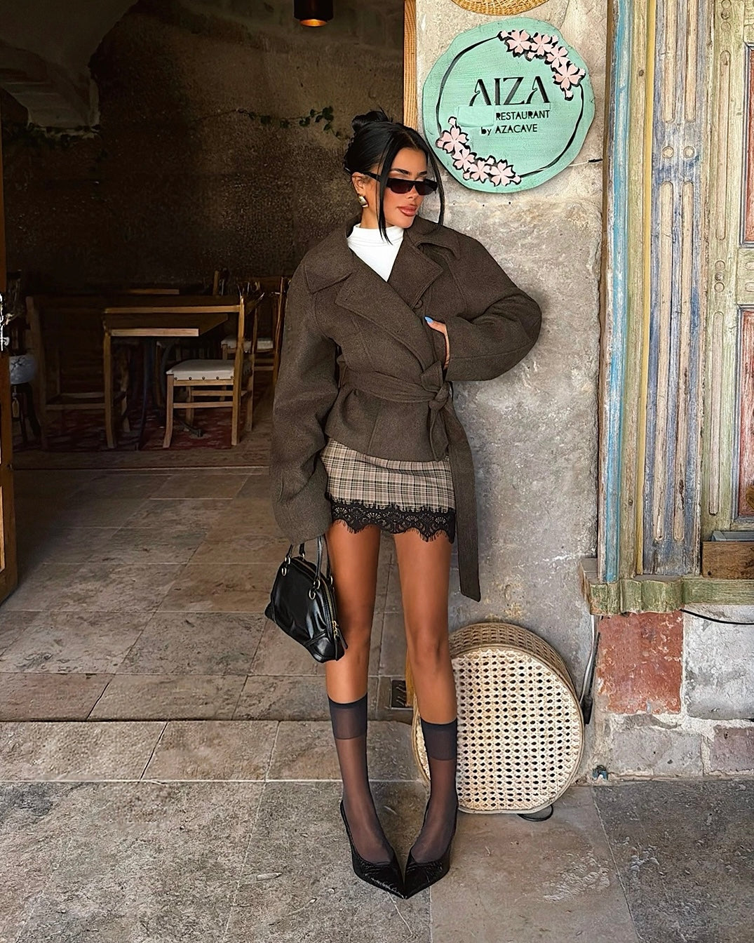 Brown Wool-Blend Wrap Coat with Wide Lapel Collar & Tie Waist | جاكيت جوخ بني بياقة عريضة ورباط من الخصر
