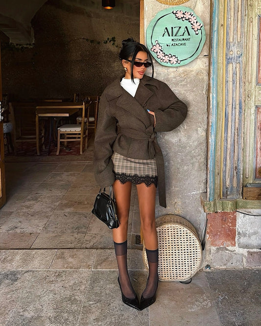 Brown Wool-Blend Wrap Coat with Wide Lapel Collar & Tie Waist | جاكيت جوخ بني بياقة عريضة ورباط من الخصر
