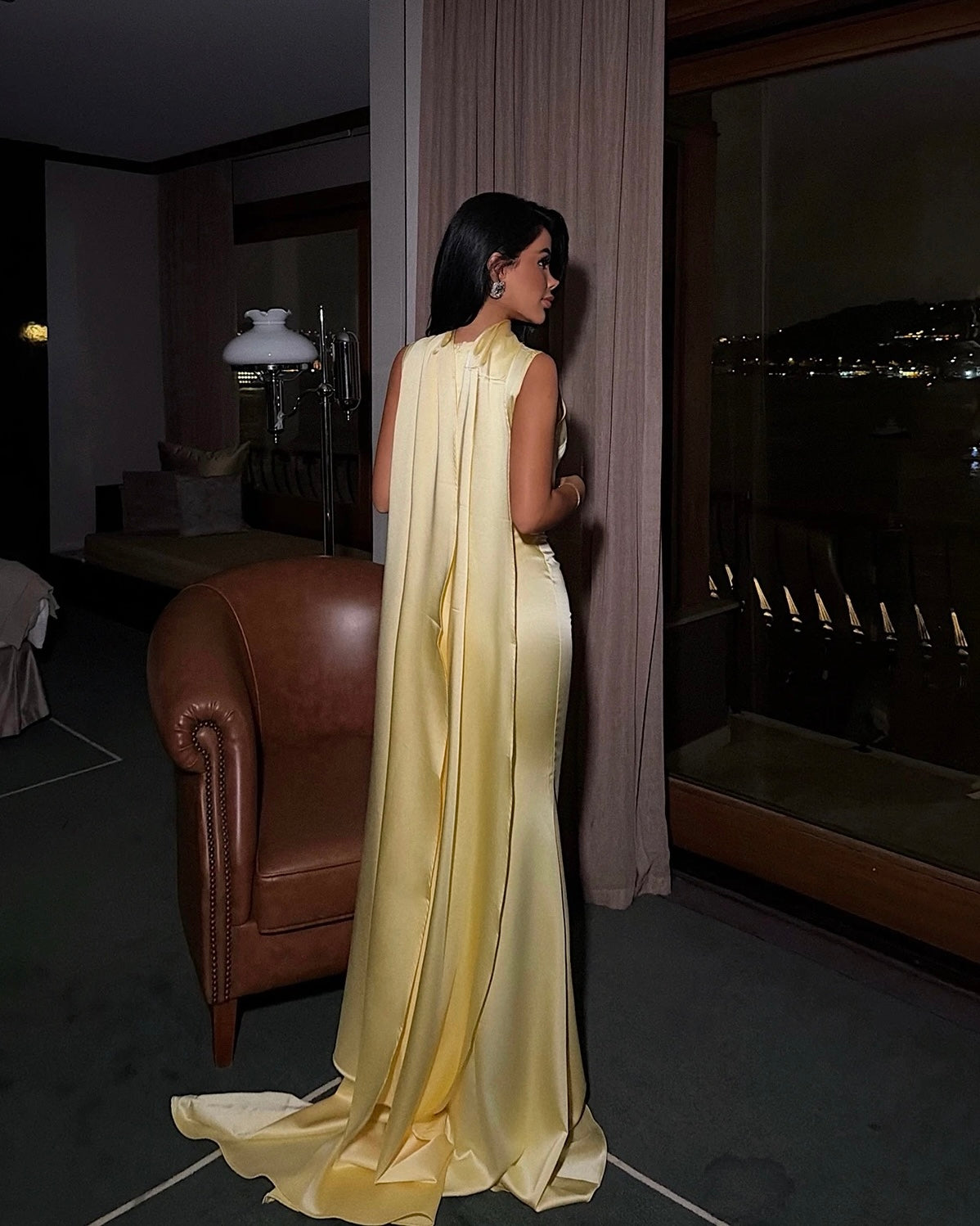 Elegant Yellow Satin Dress with Draped Scarf | فستان ساتان اصفر بقصة ضيقة مع شال منسدل