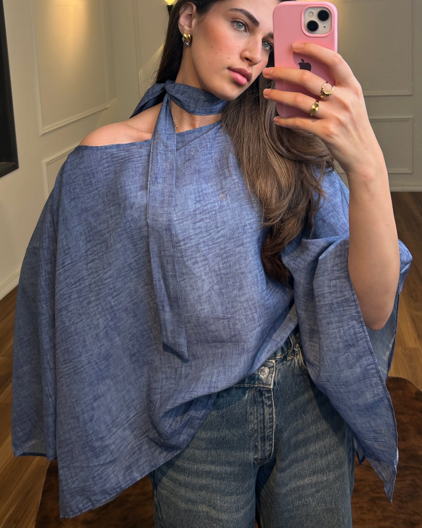 Blue Flowy Cape Top | بلوزة كاب انسيابية باللون الأزرق