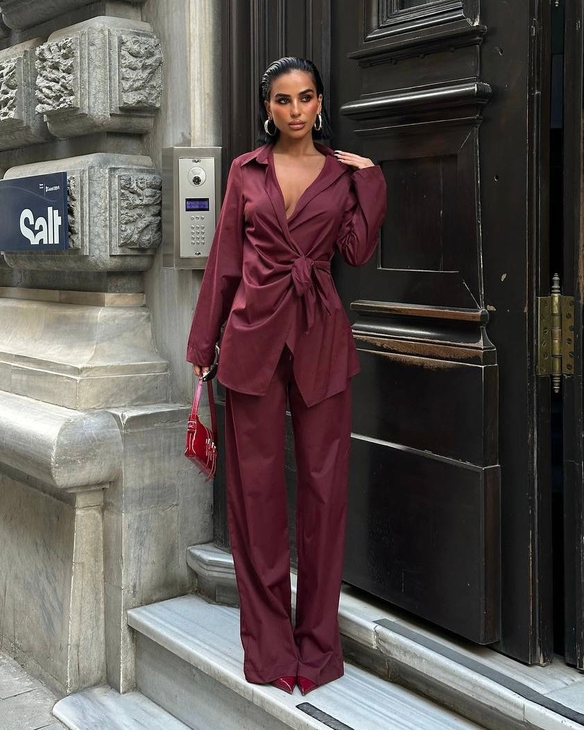 Burgundy Wrap Blouse and Wide-Leg Pants Set | طقم بلوزة لفّ باللون الخمري مع بنطال واسع