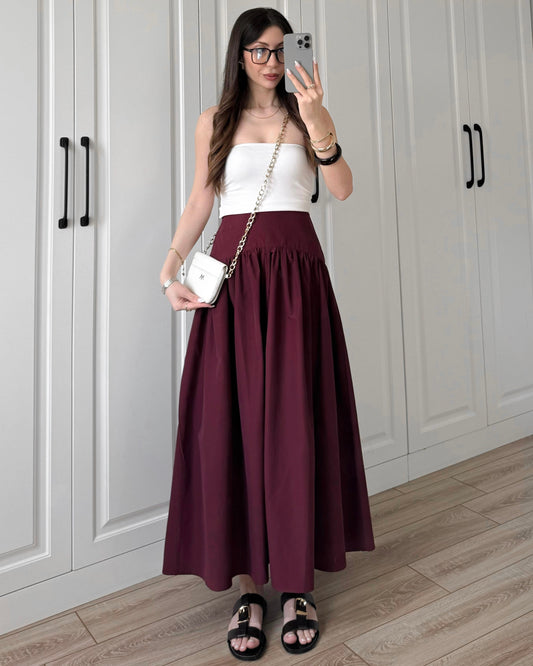 Burgundy High Waist Gathered Maxi Skirt | تنورة طويلة باللون الخمري بخصر عالي وكسرات ناعمة