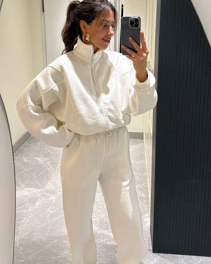 White Zipper Casual Loose Tracksuit